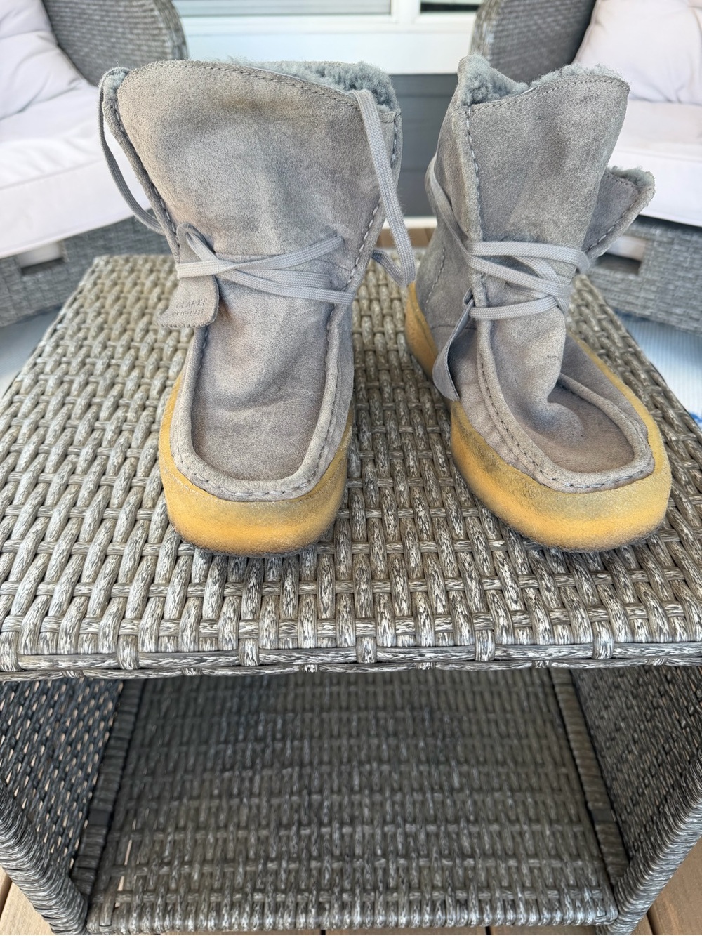 Clarks Gray Suede Kids Boots with Yellow Sole